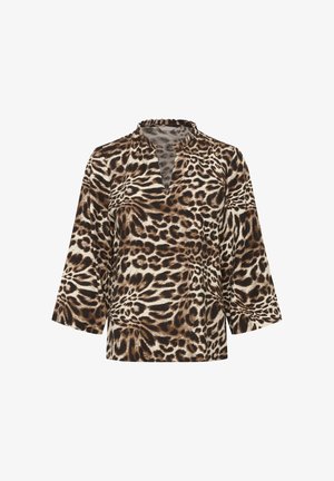 Leopardprint blouse van zachte stof, met een v-hals en driekwartmouwen, in tinten bruin, zwart en crème.