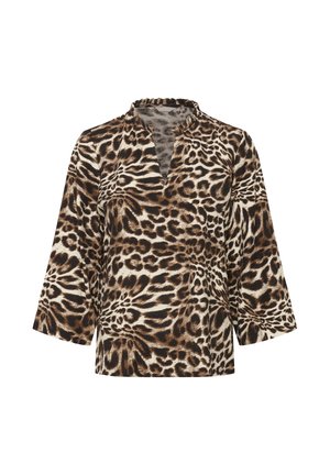 Leopard print blouse made of soft fabric, featuring a v-neck, three-quarter sleeves, in shades of brown, black, and cream.