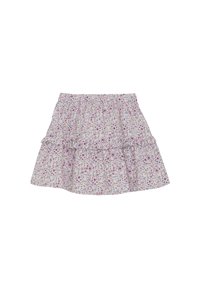 Blommig lagerkjol med volangseam, tillverkad av ett lätt tyg i vita, rosa och lila nyanser med små blommönster.