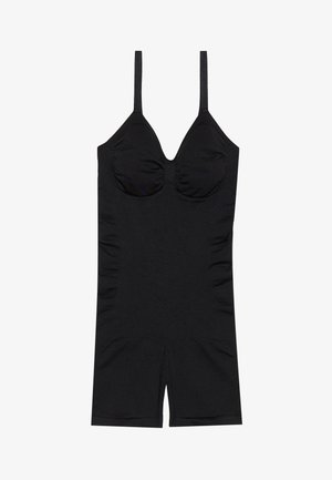 Bodysuit negro ajustado con tirantes ajustables, copas acolchadas, tela texturizada, fruncido en el frente y corte a la altura del muslo. Diseño minimalista.