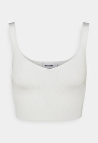 Top crop branco canelado com decote em V, alças finas e acabamento texturizado. Etiqueta visível por dentro lê "WEEKDAY."