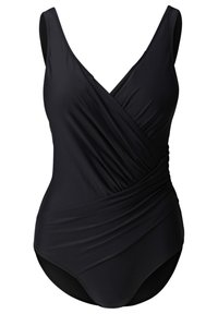 Costume intero nero con scollo a V, design avvolgente e texture arricciata. Realizzato in tessuto liscio, presenta spalline larghe e copertura totale sul retro.