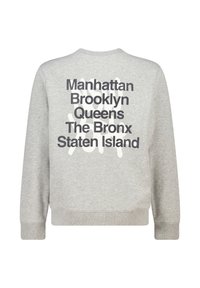 Felpa grigia con testo nero audace sulla schiena che mostra i nomi dei quartieri di New York, con una vestibilità rilassata e polsini a costine.