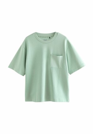T-shirt vert menthe à manches courtes en tissu léger, avec un col rond et une petite poche sur la poitrine. Texture lisse.