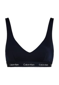 Marineblauwe Calvin Klein bralette. Gladde stof met een diepe V-hals, brede banden en een elastische band met merknaam aan de onderkant. Naadloos ontwerp.