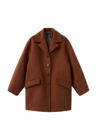 Bruine jas van een wolmix met een kraag, knoopsluiting aan de voorkant, twee zijzakken en verlaagde schouders. Gladde textuur en oversized pasvorm.