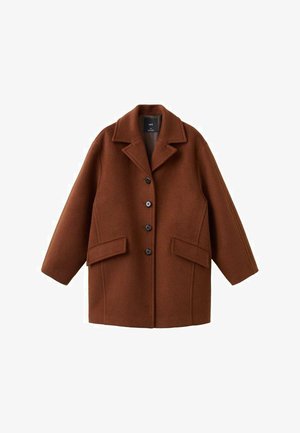 Brązowy płaszcz z mieszanki wełny z kołnierzem, zapięciem na guziki z przodu, dwoma bocznymi kieszeniami i opuszczonymi ramionami. Gładka faktura i oversize'owy fason.