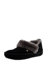 Zwarte suède pantoffel met een grijze bontkraag, platte zool en contrasterende stiksels. Heeft een logo en decoratieve hardware aan de zijkant.