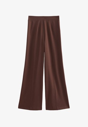 Pantalon marron à jambes larges, taille haute et tissu lisse, posé à plat sur un fond blanc.