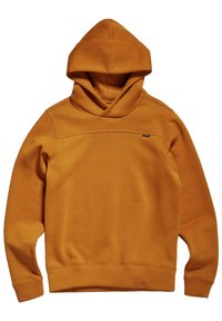 Sudadera con capucha color mostaza amarilla, de textura suave, con bolsillo tipo canguro, puños acanalados y una pequeña etiqueta de logo en el pecho.