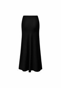 Fustă neagră, până la gleznă, dintr-un material neted și elastic, cu talie ajustată și siluetă evazată. Fără modele sau decorațiuni vizibile.
