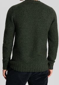 Dunkelgrüner Strickpullover mit geripptem Saum und Bündchen sowie einer strukturierten Oberfläche. Die Rückansicht zeigt ein klassisches Rundhalsdesign.