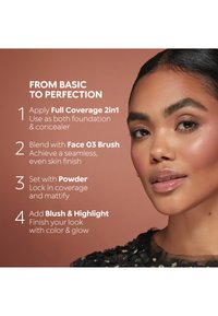 Jeune femme à la peau éclatante sur un fond marron, à côté des étapes pour appliquer le fond de teint, estomper, fixer, et ajouter du blush et de l'illuminateur.