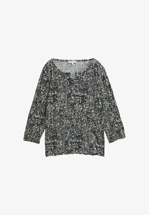 Bluză cu mânecă lungă, de culoare bleu marin, cu un imprimeu texturat, abstract, în nuanțe de crem și gri deschis. Prezintă un guler larg și o croială lejeră.