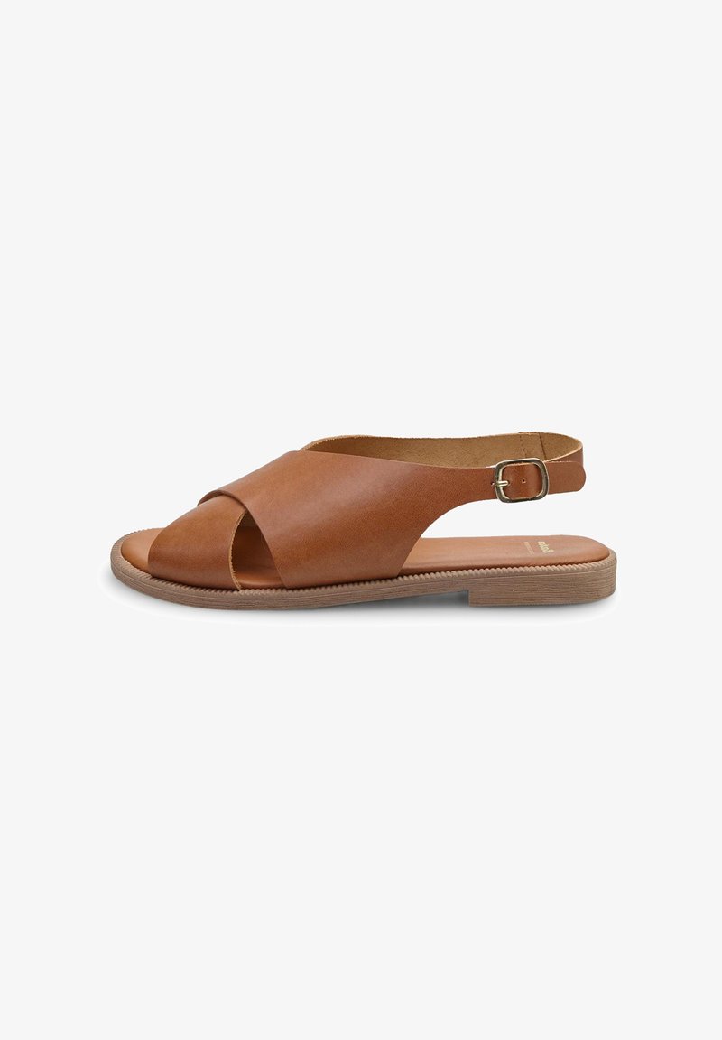 Rudos odinės sandalai su atviru pirštu, kryžminėmis juostelėmis ir reguliuojama kulkšnies juostele. Savybės: plokščias padas su tekstūruota kraštine.