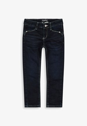 Granatowe dżinsy o slim fit, pięć kieszeni, kontrastowe przeszycia oraz zapięcie na guzik w talii. Gładka tekstura.