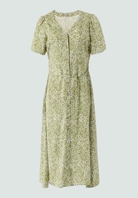 Grünes Kleid mit weißem Blumenmuster, kurzen Puffärmeln, V-Ausschnitt, Knopfverschluss vorne und Bindegürtel. Fließendes Midikleid.
