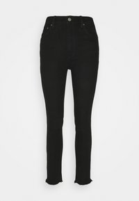Svarta högmidjade skinny jeans med fransade fållar, femfickorsmodell, knappstängning och bälteshällor mot en vit bakgrund.