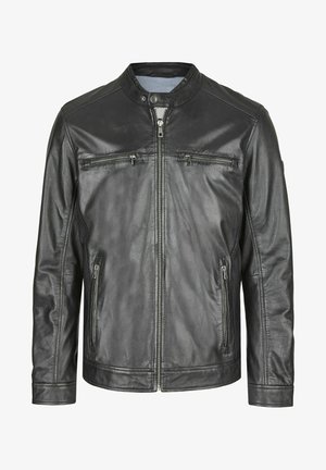 Svart läderjacka med ståkrage, dragkedja fram, två bröstfickor och sidfickor samt slät yta. Minimalistisk design utan framträdande mönster.