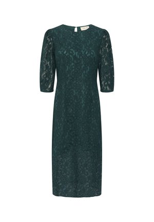 Grünes Spitzenkleid mit einer taillierten Silhouette, drei Viertelärmeln, Rundhalsausschnitt und einem Schlitzdetail hinten. Blumenmuster im gesamten Kleid.