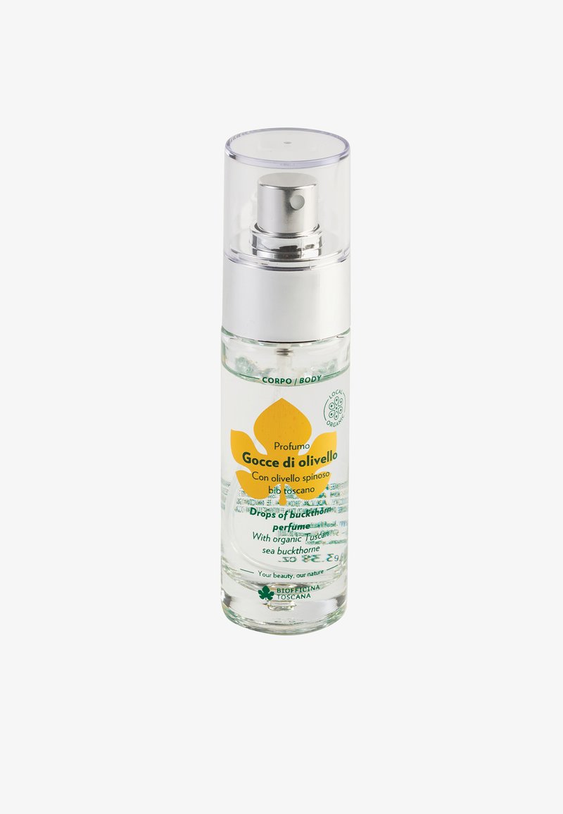 Flacone spray in vetro trasparente di profumo per il corpo all'unico vero olio di olivello spinoso toscano, con beccuccio argentato e logo a foglia gialla sull'etichetta.