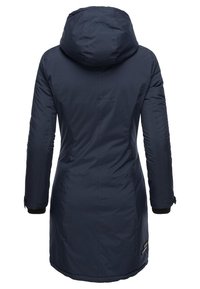 Navy parka with a hood, long sleeves, and ribbed cuffs. Features a smooth, matte fabric and a logo patch near the hem.