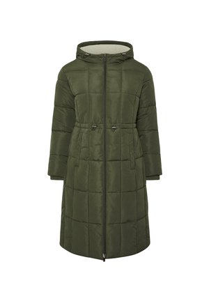 Zielona oliwkowa kurtka ocieplana z kapturem, z frontowym zamkiem błyskawicznym, dwiema regulowanymi wstawkami w pasie oraz szerokimi rękawami.