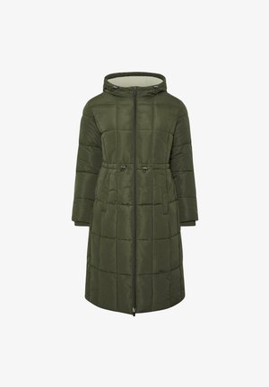 Oliivivärinen pehmustettu takki hupulla, jossa on etuvetoketju, kaksi nauhakiinnitystä vyötäröllä ja leveät hihat.