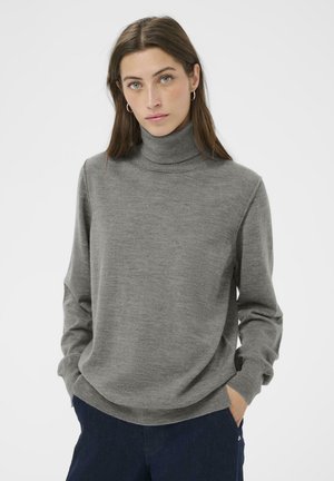 Grauer Rollkragenpullover aus weicher, strukturiertem Stoff. Verfügt über lange Ärmel und eine lockere Passform, mit gerippten Details am Kragen.