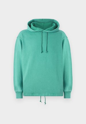 Hoodie v mint zeleni barvi, izdelan iz mehkega blaga, z ohlapnim krojem, širokim izrezom, z vrvicami in rebrastimi manšetami.