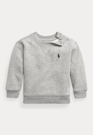 Siva bombažna sweatshirt s krožno ovratnikom, gumbi na rami, rebrastimi manšetami in majhnim mornarsko modrim logotipom na prsih.