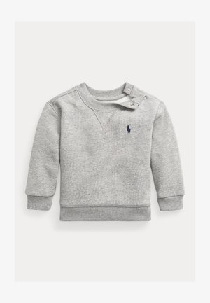 Siva bombažna sweatshirt s krožno ovratnikom, gumbi na rami, rebrastimi manšetami in majhnim mornarsko modrim logotipom na prsih.