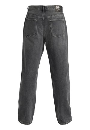 Donkergrijze denim jeans met een rechte snit, voorzien van een tailleband met een logopatch, vijf zakken en een vervaagde textuur.