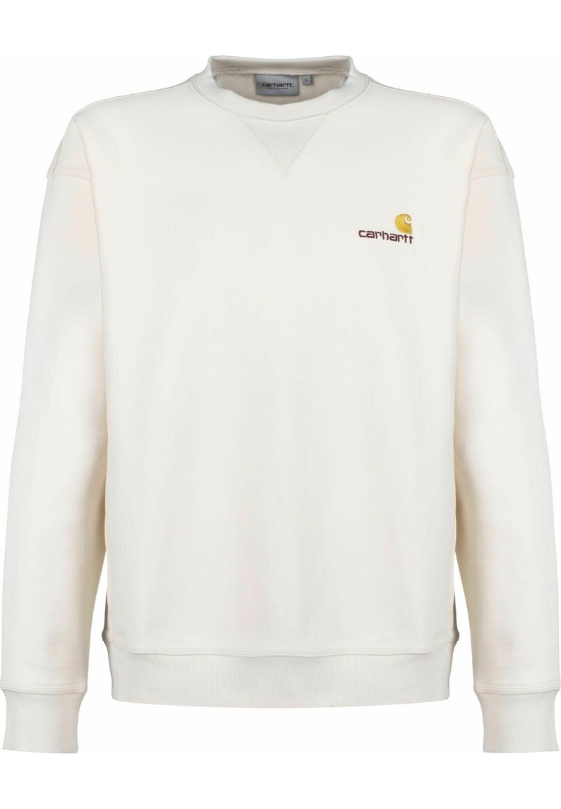 Sweatshirt en coton blanc avec un col rond, des manches longues et des poignets côtelés. Présente un logo Carhartt marron sur la poitrine.
