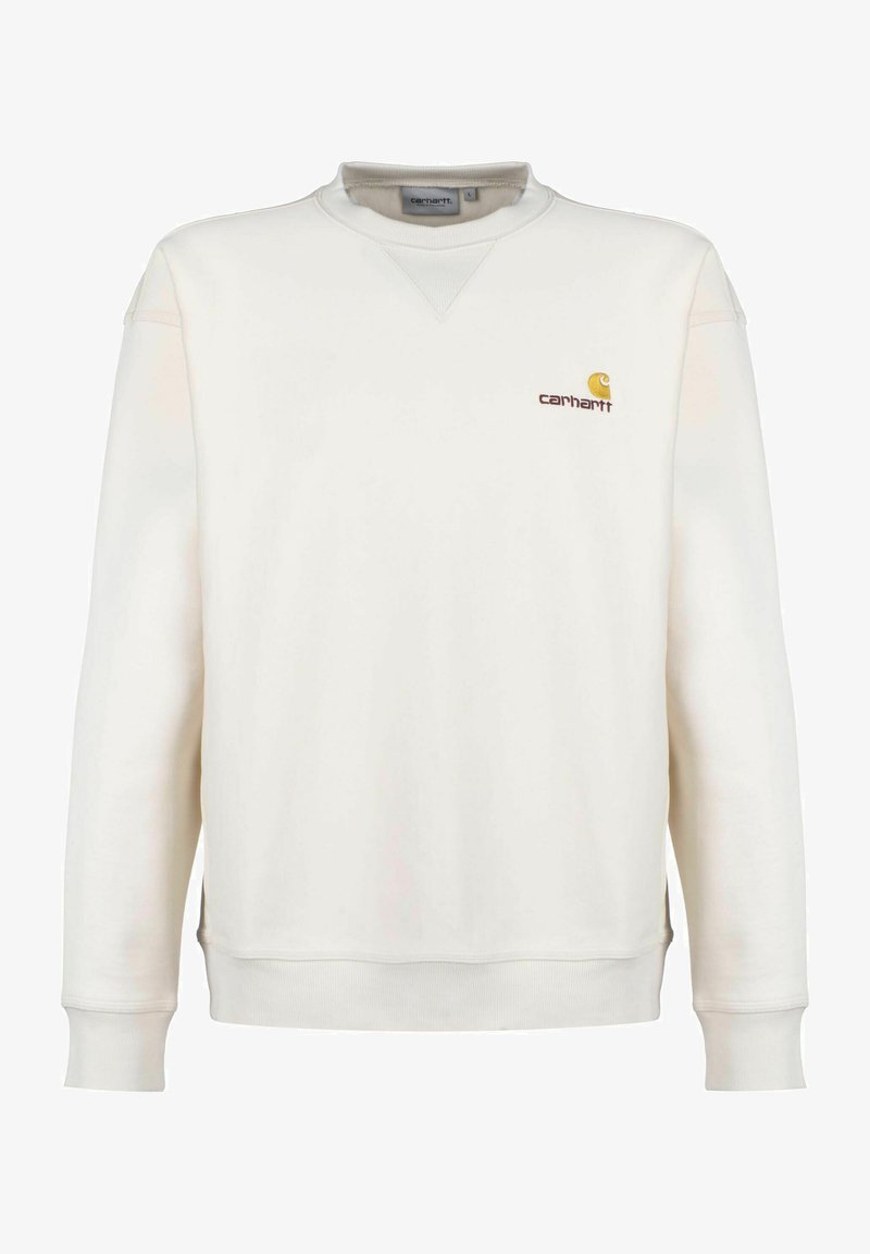 Sweatshirt branco de algodão com decote redondo, mangas longas e punhos canelados. Apresenta um logótipo Castanho da Carhartt no peito.