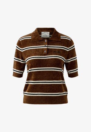 Braunes kurzärmeliges Poloshirt mit weißen und schwarzen horizontalen Streifen, drei Knöpfen und einer kleinen "oui oui" Stickerei auf der Brust.