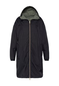 Giacca nera leggera con zip e cappuccio, dotata di una zip dorata, tasche laterali e foderata in verde. Materiale testurizzato, vestibilità ampia.