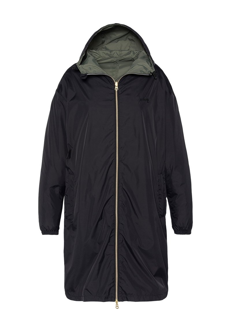 Veste noire, légère, zippée avec capuche, dotée d'une fermeture éclair dorée, de poches latérales et d'une doublure verte. Matériel texturé, coupe ample.