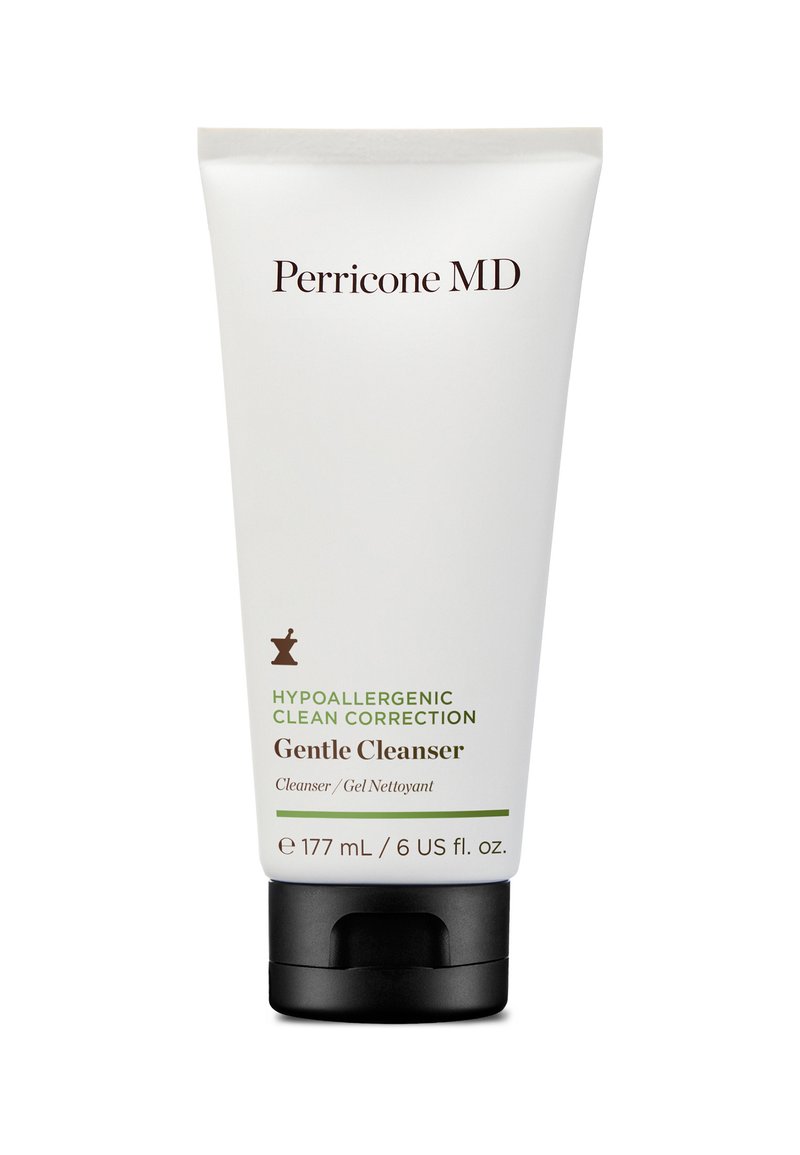 Weißes Rohr mit schwarzem Klappdeckel. Brauner und grüner Text lautet "Perricone MD Hypoallergenes Clean Correction Sanfter Reiniger," 177 ml.