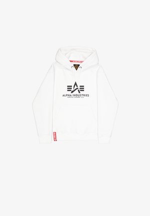 Weißer Kapuzenpullover aus Baumwollmischung mit einer Kängurutasche vorne, mit Kordelzug in der Kapuze und einem schwarzen Drucklogo mit Akzenten. Rotes Etikett am Saum.