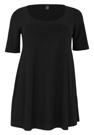 Tunique noire avec un col rond, des manches courtes et un design évasé. Fabriquée dans un tissu doux et léger. Pas de motifs ni de matériaux visibles.