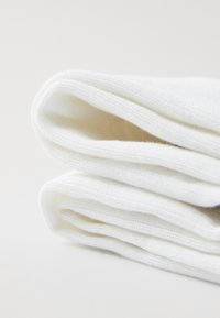 Calzini bianchi di cotone con una texture liscia, piegati ordinatamente, che mostrano un design semplice e dettagli di cucitura sottili. Nessun motivo o accento presente.