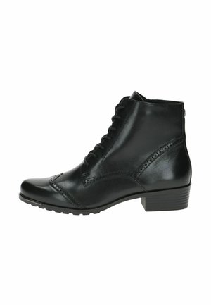 Botte de cheville en cuir noir avec un bout rond, un laçage à l'avant, des détails en brogue décoratifs et un petit talon carré. Semelle texturée pour l'adhérence.