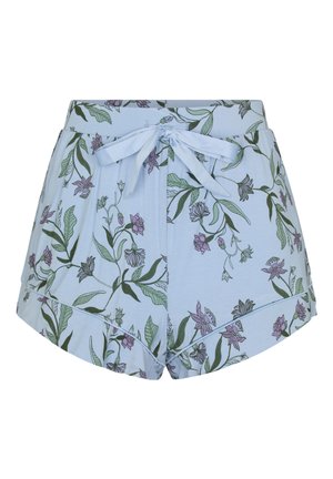 Lichtblauwe shorts met een groen en paars bloemenpatroon, voorzien van een tailleband met strik aan de voorkant en een afgeronde zoom.