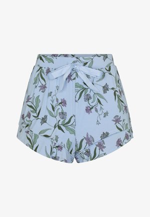 Lichtblauwe shorts met een groen en paars bloemenpatroon, voorzien van een tailleband met strik aan de voorkant en een afgeronde zoom.