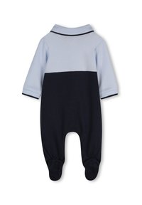 Polo-style infant romper in light blue and dark navy. Features long sleeves, a collared neck, and footed bottom. Soft cotton blend fabric.