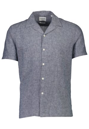 Kurzärmliges Hemd aus hellblauem Leinen. Verfügt über einen entspannten Kragen, eine Knopfleiste und ein dezentes Texturmuster.