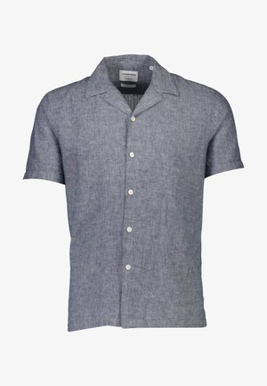 Kortärmad skjorta i ljusblått linne. Har en avslappnad krage, knappstängning fram och ett subtilt strukturerat mönster.
