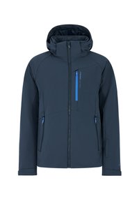 Heren navy waterdichte jas met verstelbare capuchon, voorrits en twee ritszakken. Heeft blauwe accenten en een strakke uitstraling.