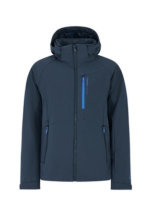 Heren navy waterdichte jas met verstelbare capuchon, voorrits en twee ritszakken. Heeft blauwe accenten en een strakke uitstraling.